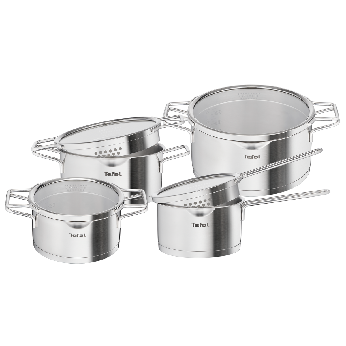 Nordica, Batterie de cuisine 8p, Inox, Induction, Couvercle égouttoir