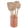Set Natura en bois - terracotta : grande cuillère 28 cm, spatule biseautée 29 cm, maryse 28 cm, petite cuillère 29 cm et port