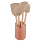 Set Natura en bois - terracotta : grande cuillère 28 cm, spatule biseautée 29 cm, maryse 28 cm, petite cuillère 29 cm et port
