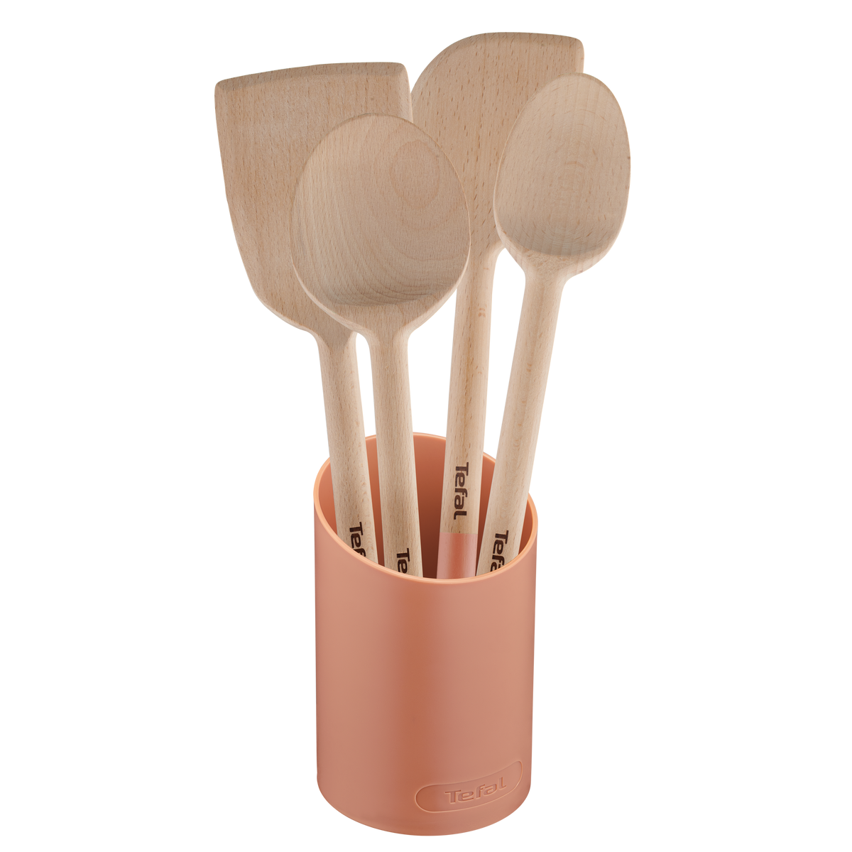 Set Natura en bois - terracotta : grande cuillère 28 cm, spatule biseautée 29 cm, maryse 28 cm, petite cuillère 29 cm et port