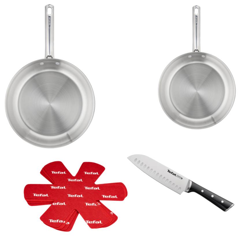 Pack web - Set Inox Duetto On - Poêles 24 et 28 cm, protège-poêles et couteau Ice Force Santoku
