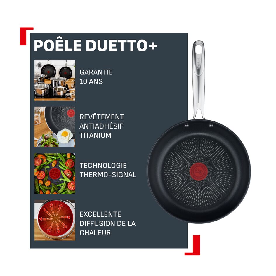 Duetto +, Poêle 28 cm, Garantie 10 ans, Acier inoxydable, Induction, Thermo-Signal