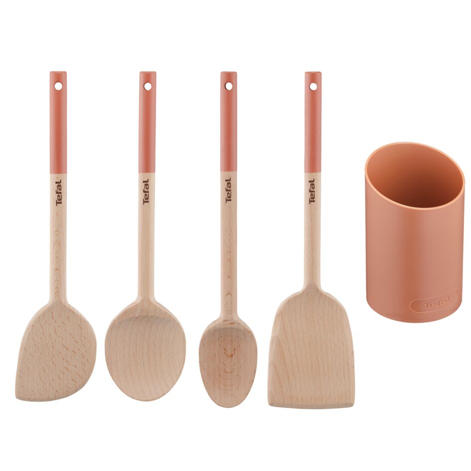Set Natura en bois - terracotta : grande cuillère 28 cm, spatule biseautée 29 cm, maryse 28 cm, petite cuillère 29 cm et port