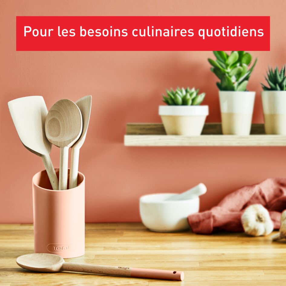 Set Natura en bois - terracotta : grande cuillère 28 cm, spatule biseautée 29 cm, maryse 28 cm, petite cuillère 29 cm et port