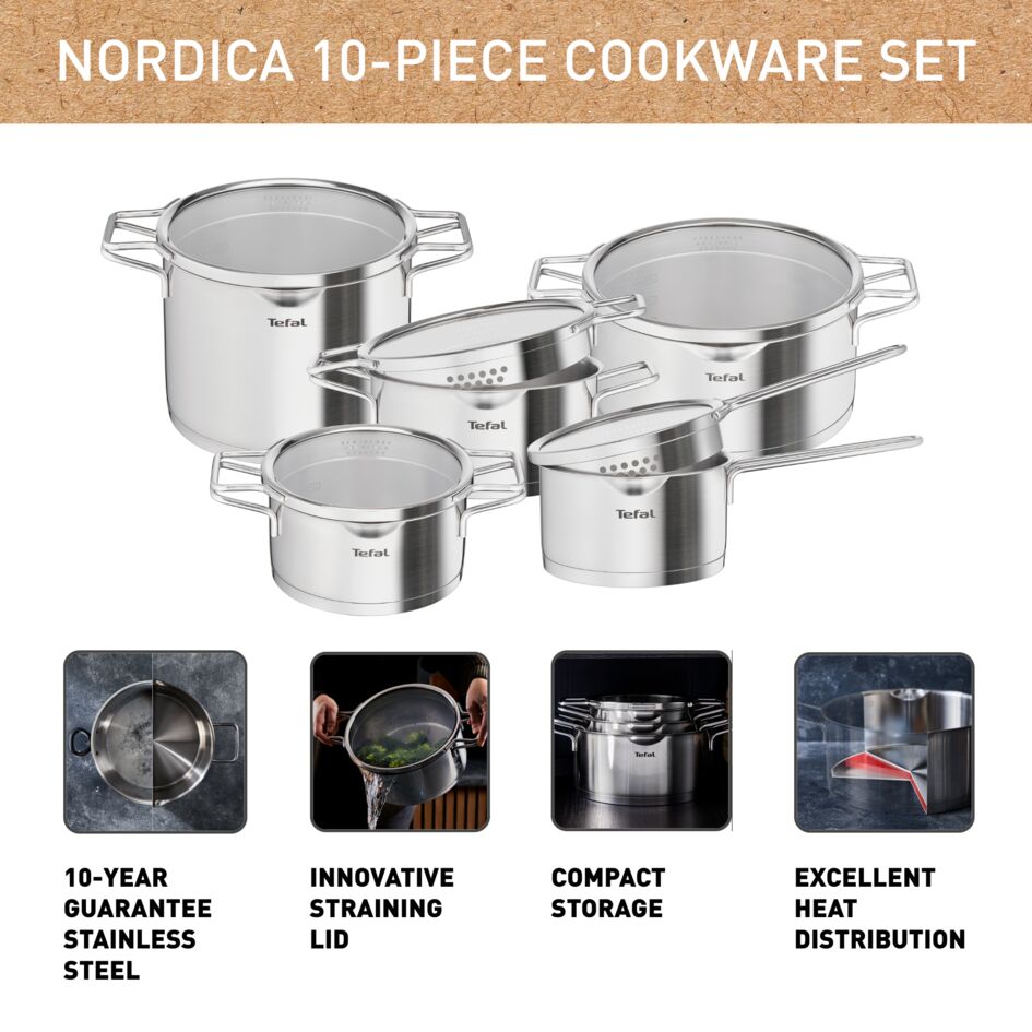 Nordica, Batterie de cuisine 8p, Inox, Induction, Couvercle égouttoir