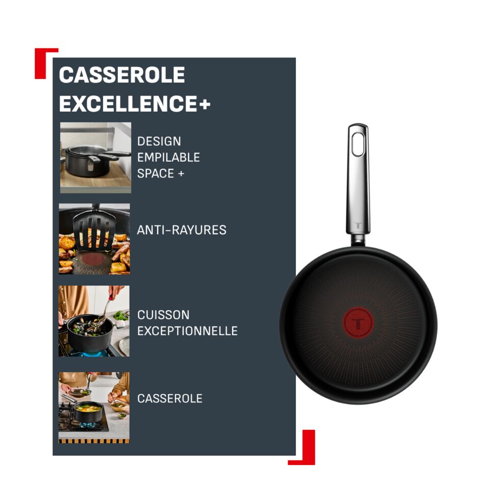 Excellence+, Casserole 20 cm, Design empilable, Revêtement antiadhésif, Induction